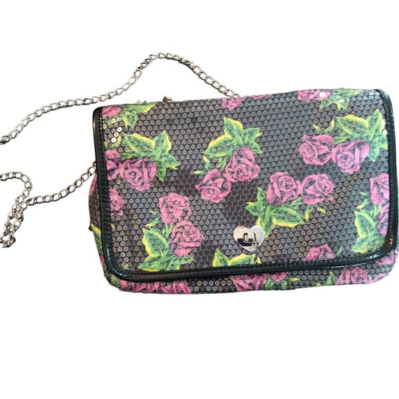 Betsey Johnson  floral sequined black Purse crossbody handbag shoulder bag   *E - Picture 1 of 7